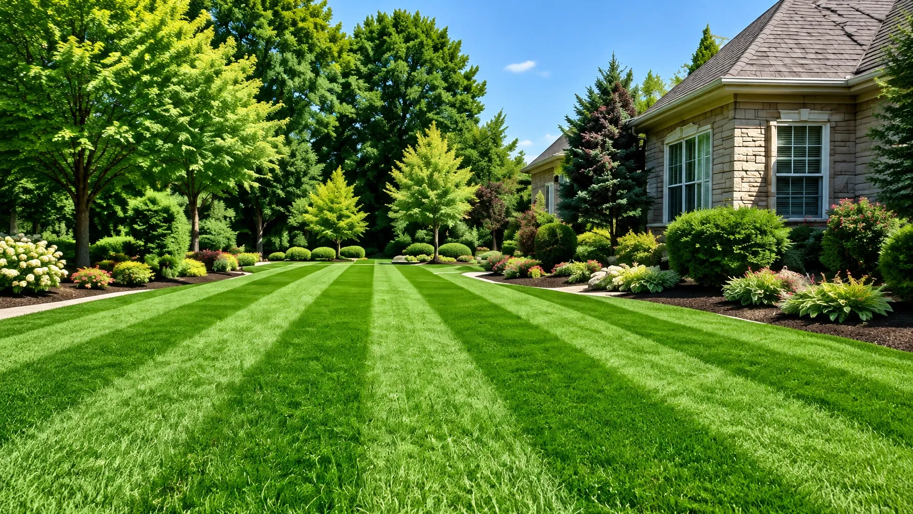 Beautiful residential home with a crisply striped, freshly mowed lawn