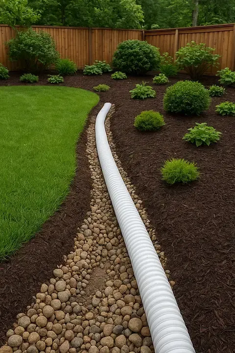 Drainage installation directing water away from a landscape