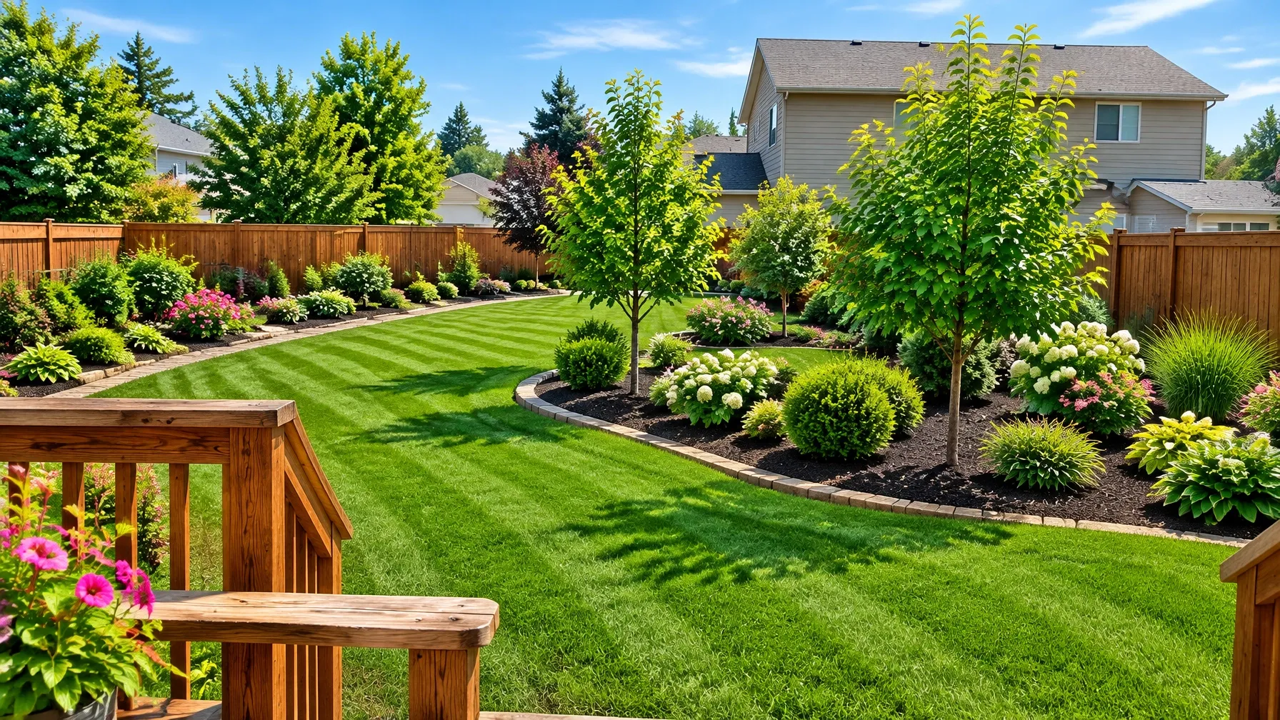 Freshly improved residential garden with plants, mulch and lawn