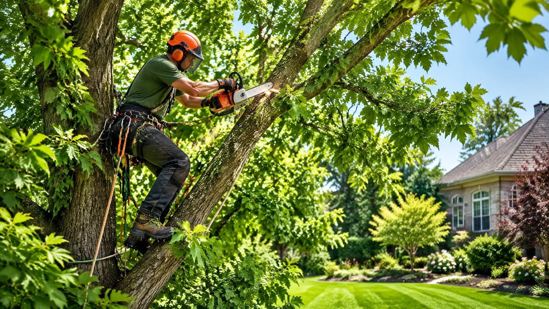 Careful professional tree pruning in a leafy garden